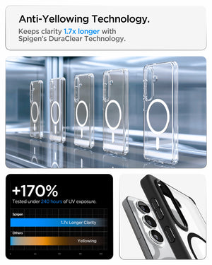 Spigen Galaxy S26 Case Ultra Hybrid (Mag Fit) Matte Black showing anti yellowing technology keeps clarity 1.7x longer with spigen's duraclear technology