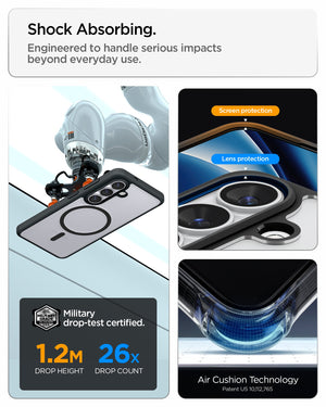 Spigen Galaxy S26 Case Ultra Hybrid (Mag Fit) Matte Black showing shock absorbing. engineered to handle serious impacts beyond everyday use