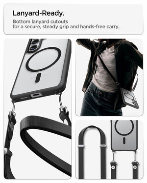Spigen Galaxy S26 Case Ultra Hybrid (Mag Fit) Matte Black showing lanyard ready. Bottom lanyard cutouts for a secure steady grip and hands free carry