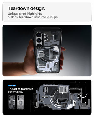 Spigen Galaxy S26 Case Ultra Hybrid Zero One (Mag Fit) Black showing teardown design. unique print highlights a sleek teardown inspired design