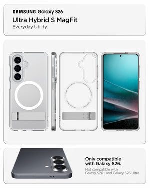 Spigen Galaxy S26 Case - Ultra Hybrid S (Mag Fit) Clear White showing everyday utility ultra hybrid s magfit