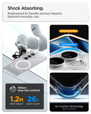 Spigen Galaxy S26 Case - Ultra Hybrid S (Mag Fit) Clear White showing shock absorbing. engineered to handle serious impacts beyond everyday use