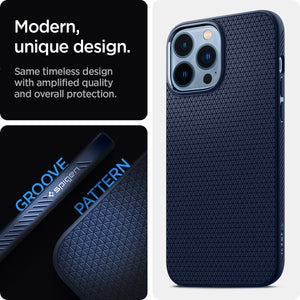 ACS03259 - iPhone 13 Pro Case Liquid Air in navy blue showing the modern, unique design. Same timeless design with amplified quality and overall protection.