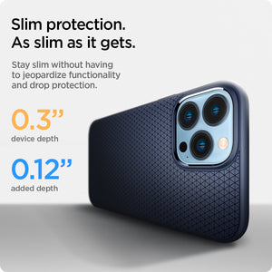 ACS03259 - iPhone 13 Pro Case Liquid Air in navy blue showing the slim protection. Stay slim without having to jeopardize functionality and drop protection 0.3" device depth 0.12" added depth
