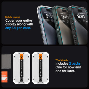 Spigen iPhone 15 Pro Screen Protector – GLAS.tR EZ Fit – case-compatible coverage and two-pack contents