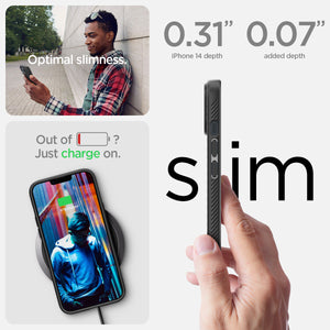 ACS05037 - iPhone 14 Case Liquid Air in matte black showing the optimal slimness. 0.31" iPhone 14 depth | 0.07" added depth