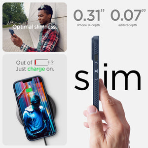 ACS05038 - iPhone 14 Case Liquid Air in navy blue showing the optimal slimness. 0.31" iPhone 14 depth | 0.07" added depth