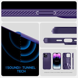 Spigen iPhone 14 Pro Max Case – Liquid Air - Deep Purple - sound tunnel, button and compatible-accessory details