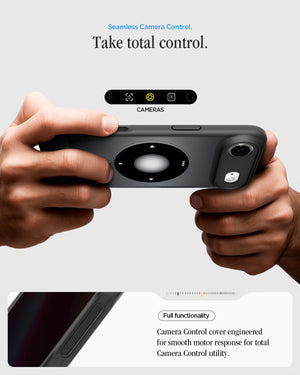 ACS10061 - iPhone 17 Air Ultra Hybrid Classic (MagFit) in Classic Black showing seamless camera control. take total control. Full functionality. Camera control cover engineered for smooth motor response for total camera control utility.