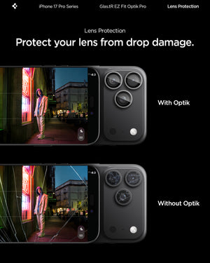 Spigen iPhone 17 Pro Max / 17 Pro Lens Protector – Optik Pro EZ Fit - Gray - drop protection comparison
