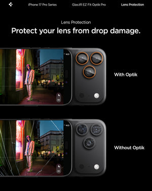 Spigen iPhone 17 Pro Max / 17 Pro Lens Protector – Optik Pro EZ Fit - Orange - drop protection comparison