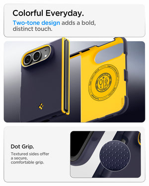 iPhone Duo Nano Pop (Mag Fit) in Blueberry Navy showing a two-tone case design with textured dot grip along the sides for a secure hold