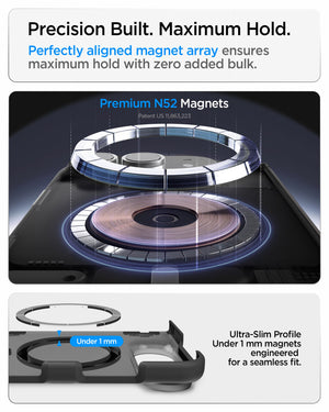 iPhone Duo Ultra Hybrid Pro (Mag Fit) in Frost Black showing an aligned N52 magnet array and ultra-slim magnetic profile