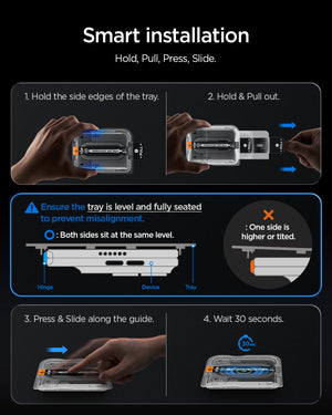 iPhone Duo Glas.tR EZ Fit Pro showing the step-by-step installation process using the alignment tray and pull tab.