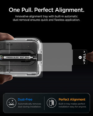 iPhone Duo Glas.tR EZ Fit Pro showing the alignment tray with automatic dust removal for a precise screen protector application.