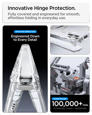 iPhone Duo Ultra Hybrid Pro (Mag Fit) in Clear White showing the hinge protection system with sliding components and fold testing
