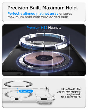 iPhone Duo Ultra Hybrid Pro (Mag Fit) in Clear White showing an aligned N52 magnet array and ultra-slim magnetic profile