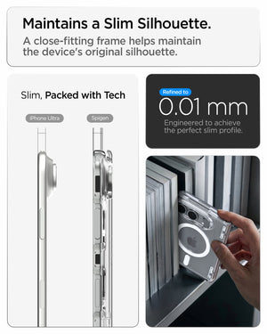 iPhone Duo Ultra Hybrid Pro (Mag Fit) in Clear White showing the close-fitting frame designed to maintain a slim silhouette