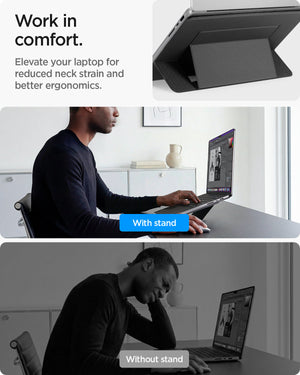 AMP11116 - Slim Fold Laptop Stand | LD201-S7 showing work in comfort.
