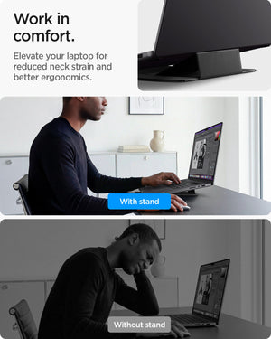 AMP11117 - Slim Fold Laptop Stand | Non-Adhesive | Black LD201-S8 showing work in comfort.