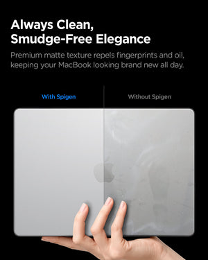 Spigen MacBook Pro 14-inch Air Skin in Frost Clear showing always clean, smudge free elegance