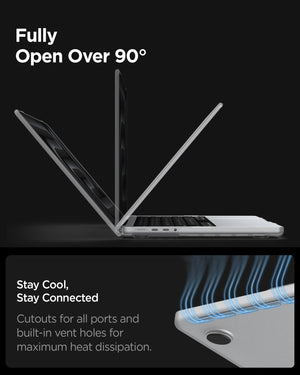 Spigen MacBook Pro 14-inch Air Skin in Frost Clear showing fully open over 90 degree