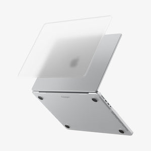 Spigen MacBook Pro 14-inch Air Skin in Frost Clear showing the top shell of the Frost Clear case lifting away from the MacBook to illustrate the two-piece snap-on design