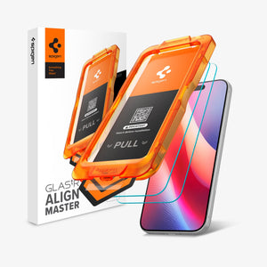 Spigen iPhone 18 Pro / 17 Pro Screen Protector – GLAS.tR AlignMaster S (2 Pack) — Clear two clear protectors with orange trays and packaging