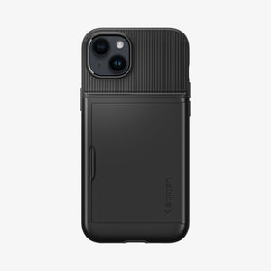Spigen iPhone 14 Plus Case – Slim Armor CS in Black – back view with sliding card compartment