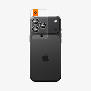 Spigen iPhone 17 Pro Max / 17 Pro Lens Protector – Optik Pro EZ Fit - Gray - alignment tray installed on device