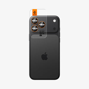 Spigen iPhone 17 Pro Max / 17 Pro Lens Protector – Optik Pro EZ Fit - Orange - alignment tray installed on device