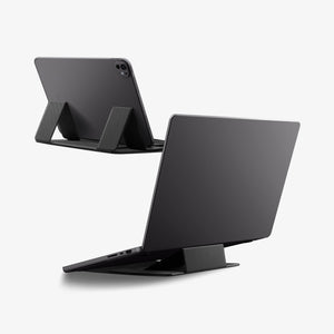 AMP11117 - Slim Fold Laptop Stand | Non-Adhesive | Black LD201-S8 showing back view of the laptop stand with iPad and MacBook laptop propped up showing back legs