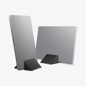 AMP11118 - Slim Fold Laptop Stand | Non-Adhesive | Black LD201-S9 showing Macbook laptop and iPad vertically standing propped up with laptop stand