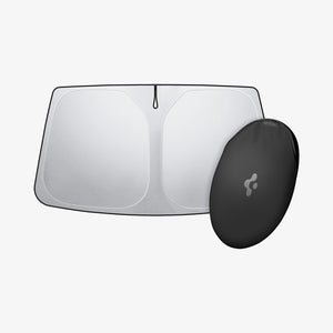 Spigen Tesla Model X CryoShade Windshield Sunshade – white-background product and storage bag