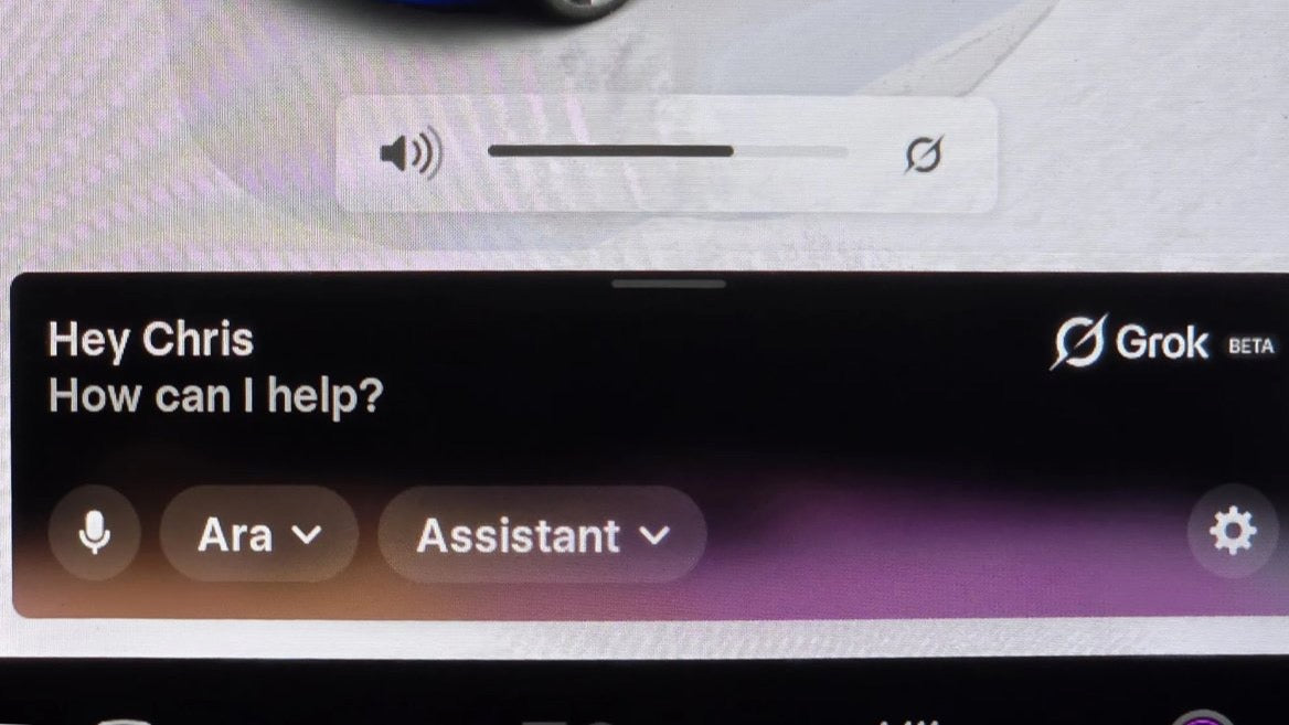 Tesla Grok app interface shown on a vehicle display for the 2026.20 global rollout