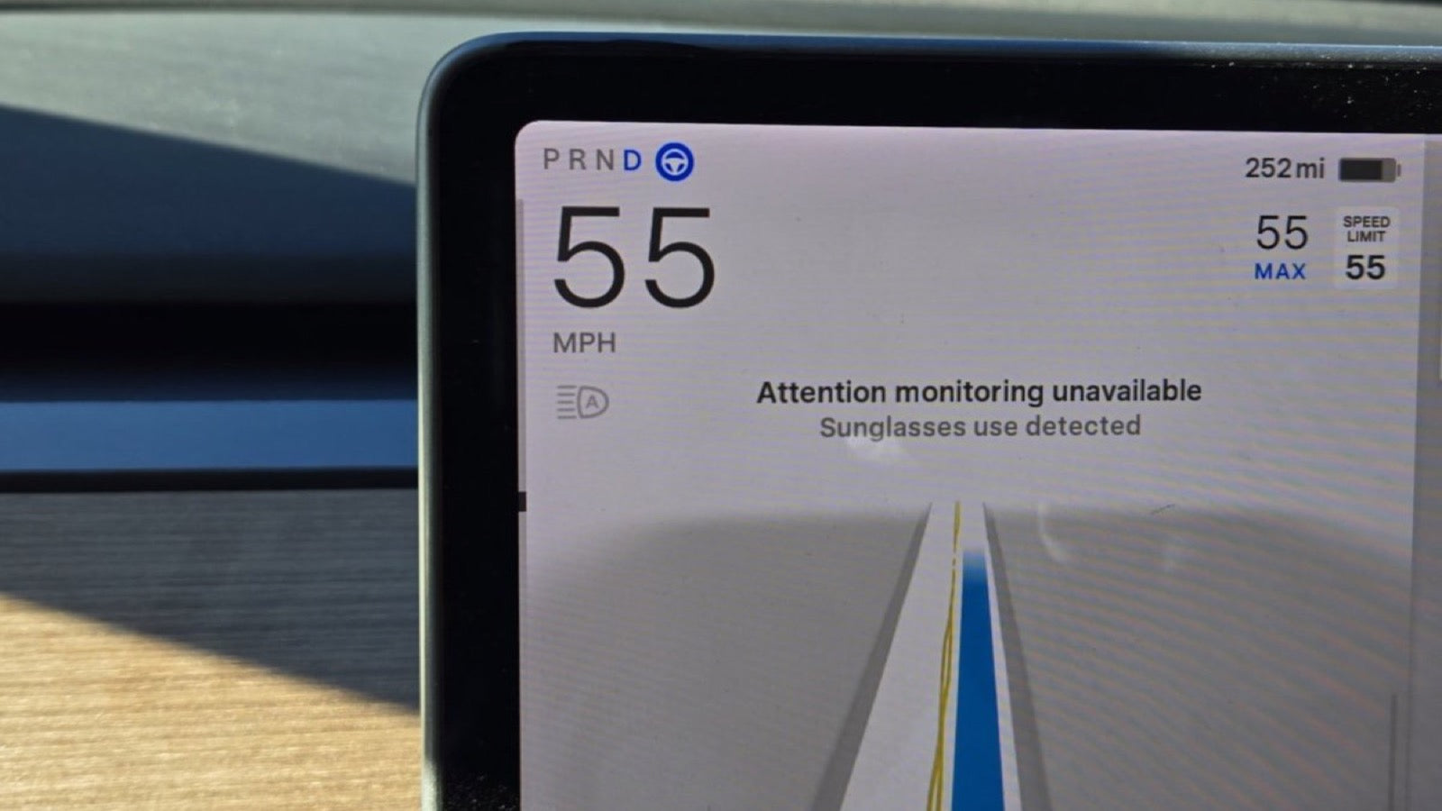 Tesla cabin camera driver monitoring with sunglasses during FSD Supervised use