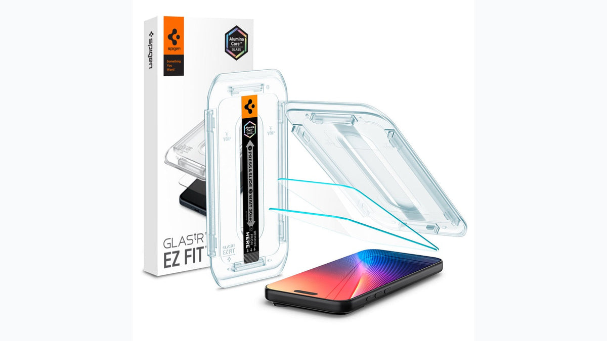 Spigen iPhone 17 Pro GLAS.tR EZ Fit screen protector product image for an iPhone 17 Pro protection guide