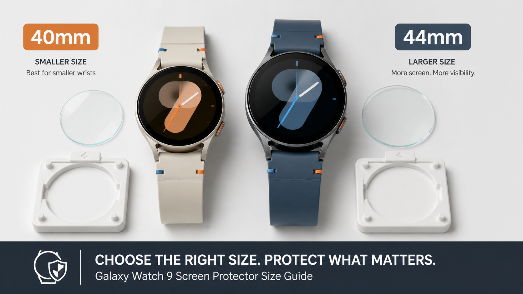 Galaxy Watch 9 40mm and 44mm screen protector size guide with glass protectors and alignment trays