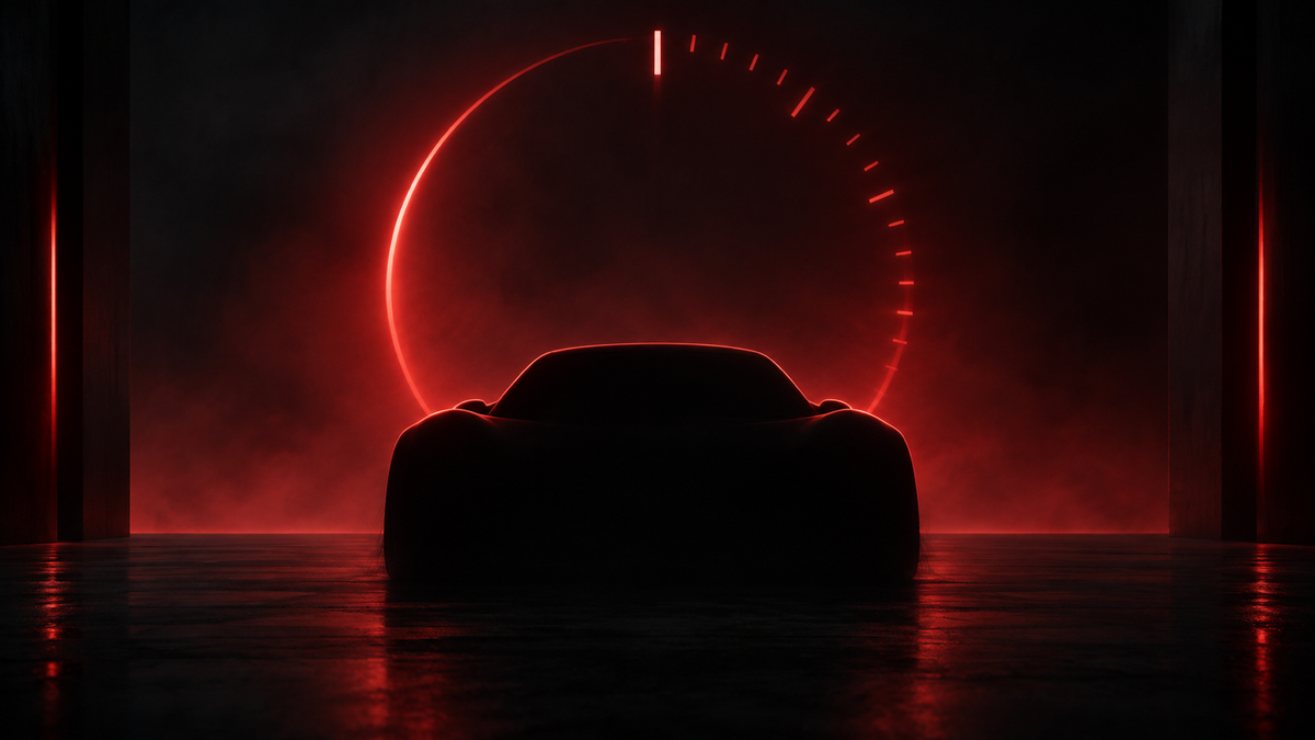 Conceptual red countdown behind an anonymous sports-car silhouette; not the final Tesla Roadster design
