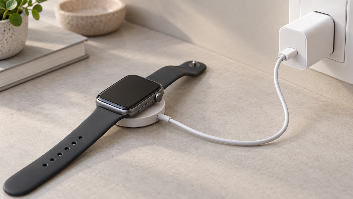 Conceptual smartwatch charging setup with a magnetic puck, USB-C cable and USB-C power adapter