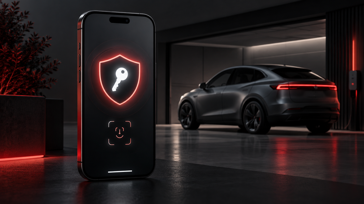 Conceptual smartphone passkey security beside a generic electric vehicle, not an actual Tesla app interface