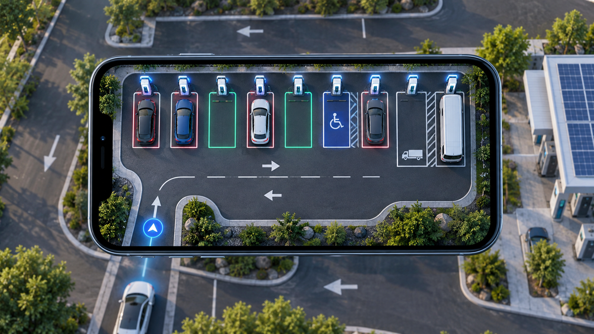 Conceptual overhead EV charging-station map on a smartphone, illustrating site-layout planning rather than the actual Tesla app interface