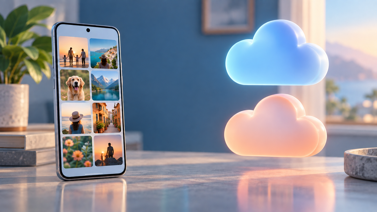Conceptual phone photo gallery beside two separate backup clouds
