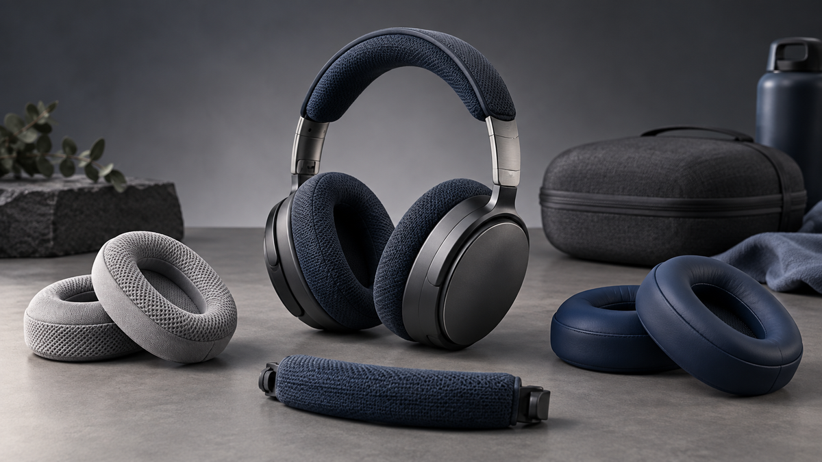 Conceptual unbranded over-ear headphones with interchangeable ear and headband cushions