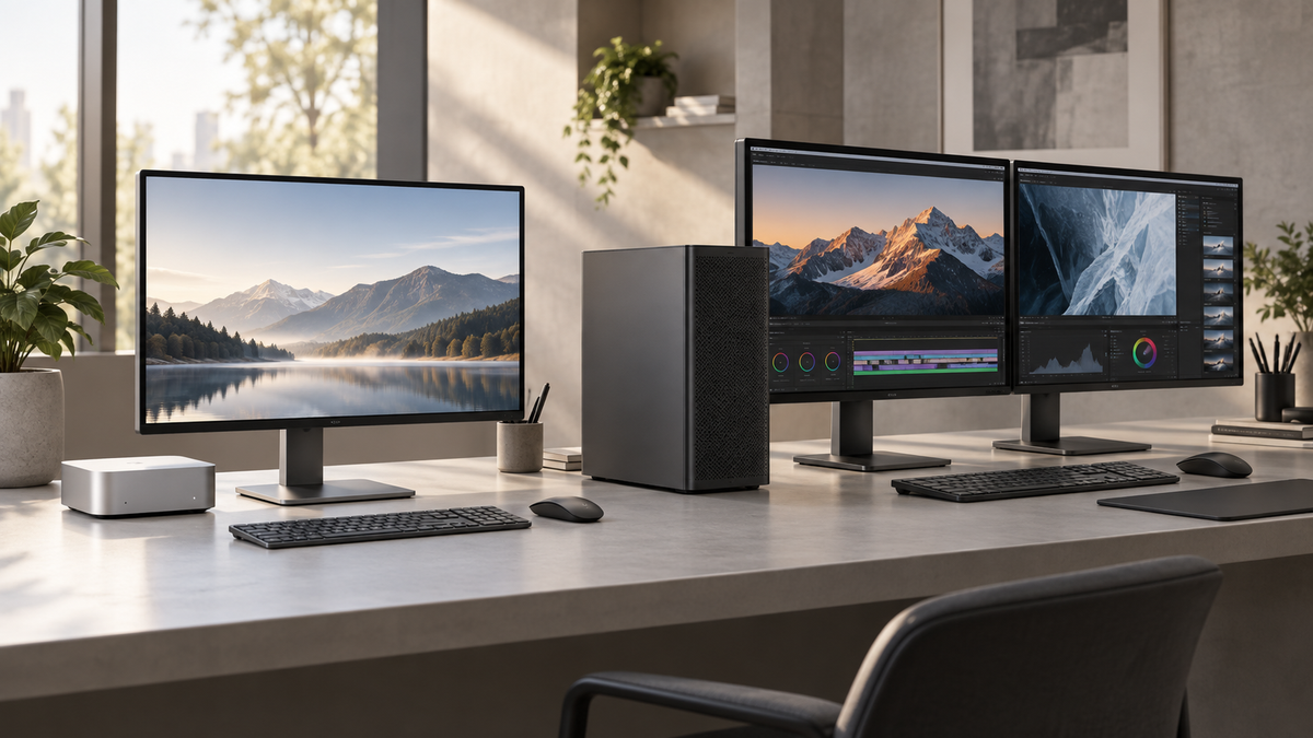 Conceptual comparison of a compact everyday desktop and a larger professional workstation