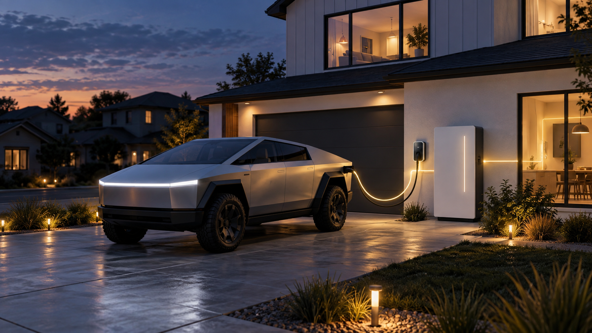 Conceptual electric pickup and home battery backup system at dusk