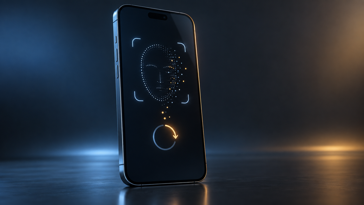 Conceptual illustration of a smartphone face scan interrupted by a restart symbol