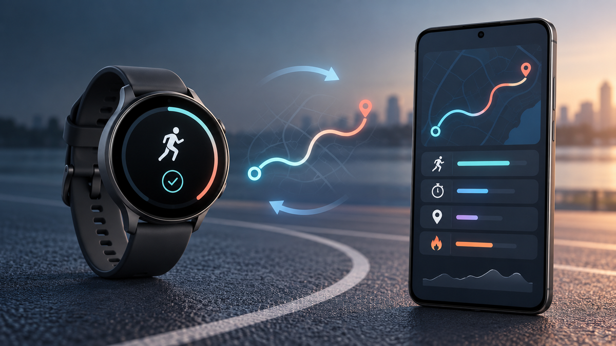 Conceptual smartwatch sending running workout data to a phone