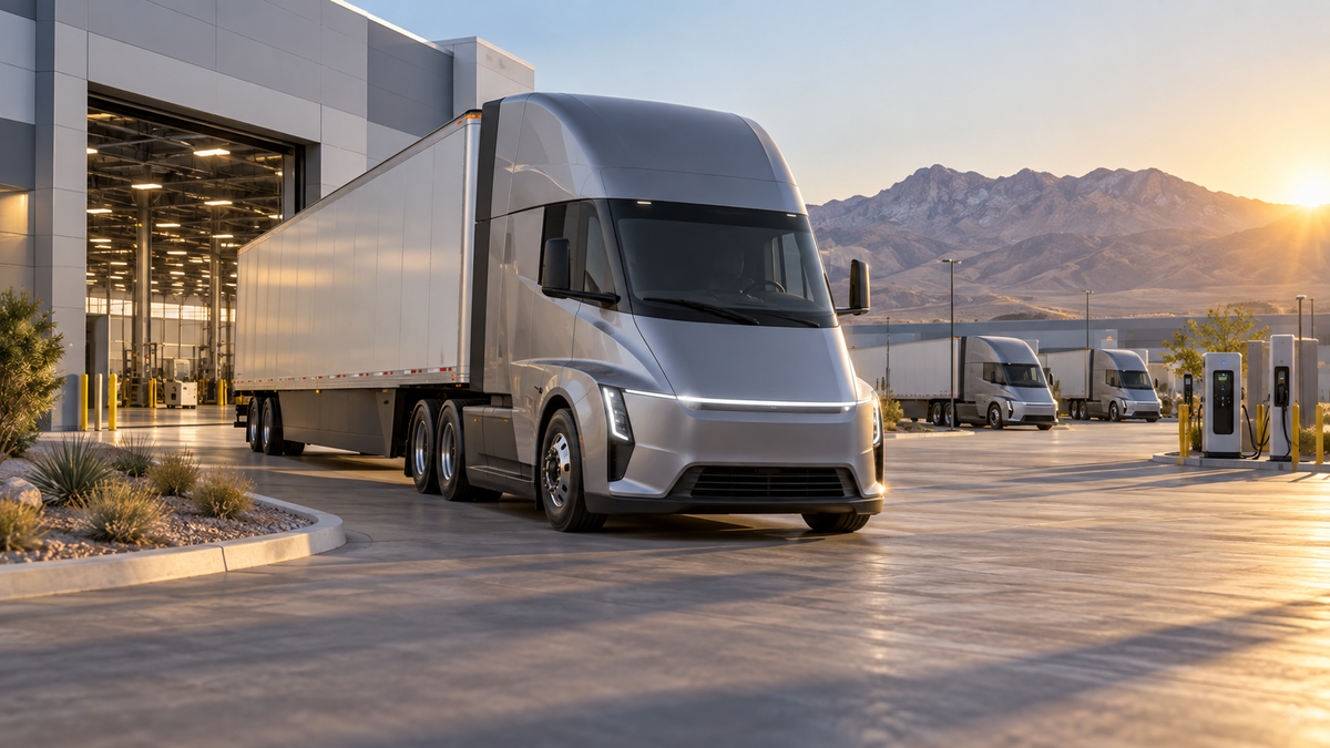Conceptual electric freight truck leaving a factory at sunrise