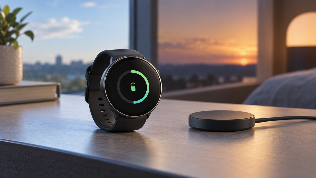 Conceptual smartwatch beside a wireless charging puck from day to evening